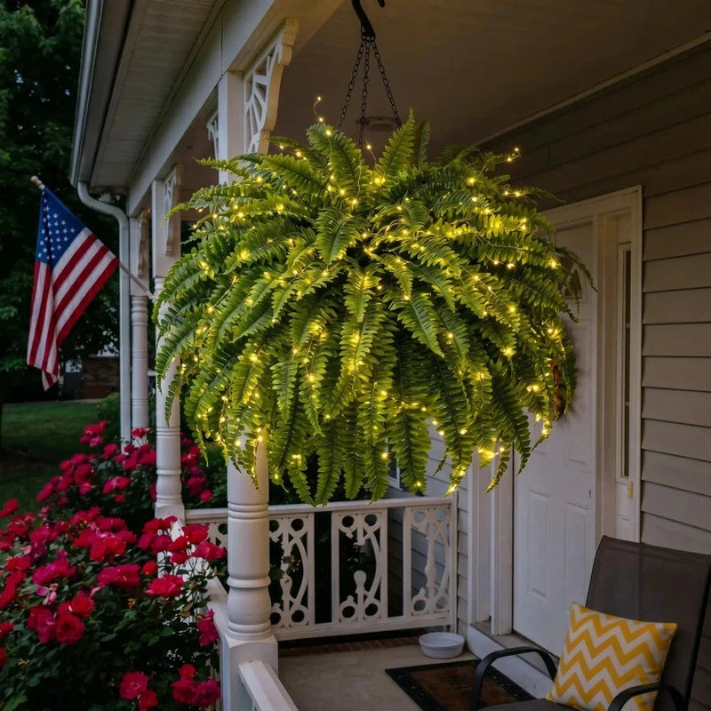 Glowing Boston Ferns with Lights